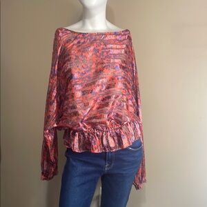 Free People Waisted Red Print Ruffled Boxy Top